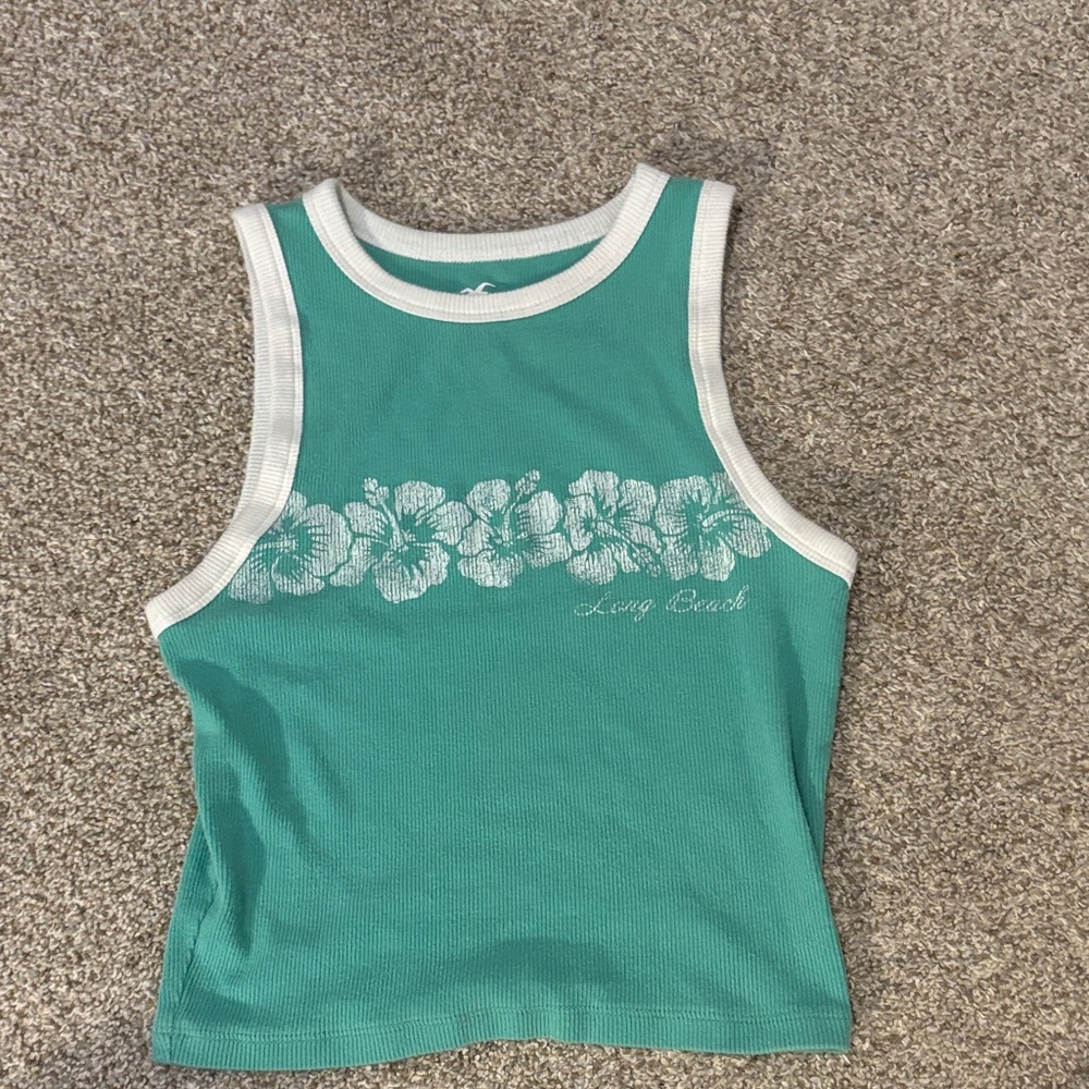 Hollister Green Tank Top with White Floral Pattern